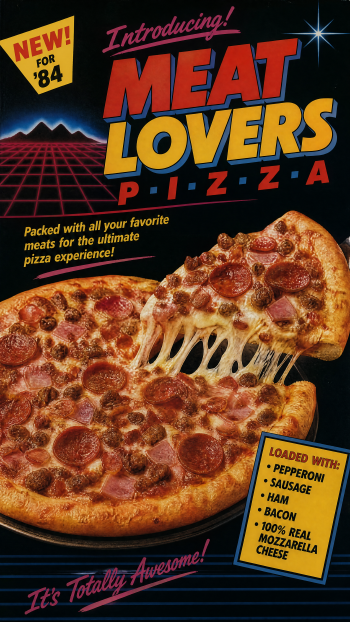 iPhone wallpaper: retro Meat Lovers Pizza ad featuring a pepperoni-loaded pizza with a dramatic cheese pull, bold vintage typography and neon grid background.