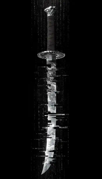 Vertical samurai sword/knife with wrapped hilt and tsuba, fractured digital glitch effects on a black background — stylized iPhone wallpaper.