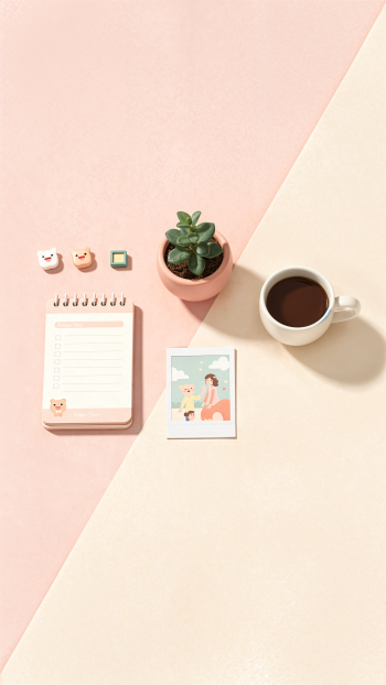 Cute aesthetic phone wallpaper: diagonal pink and cream background with a potted succulent, cup of coffee, spiral notebook, tiny stationery charms and a small instant photo.