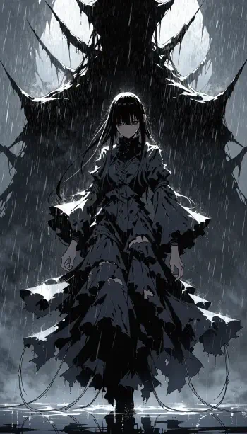 Aesthetic anime iPhone wallpaper showing a dark-haired girl in a tattered dress standing in pouring rain, a towering shadowy figure looming behind her.