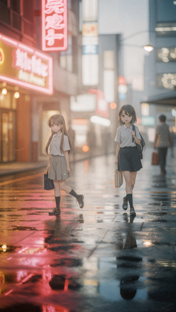 Aesthetic anime iPhone wallpaper: two schoolgirls walk down a rain-soaked neon city street, soft lights and reflections shimmering on the wet pavement.