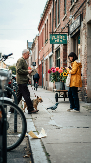 Vertical iPhone wallpaper: street flower shop scene — woman in a yellow coat with flowers, an older man with his dog and a pigeon, a quiet human moment.
