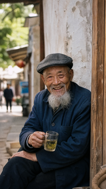 Vertical phone wallpaper portrait of a smiling elderly man holding a cup of tea by a weathered wall — a warm moment of humanity.