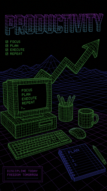 Phone wallpaper: neon wireframe computer and desk with 'PRODUCTIVITY' header, checklist (Focus, Plan, Execute, Repeat) and a rising arrow graph pointing upward.