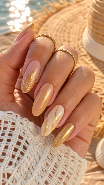 iPhone wallpaper of Summer Nails: close-up manicure showing pearlescent gold nail art with feather and wavy accents on long nails, hand over beachy straw and sparkling water.