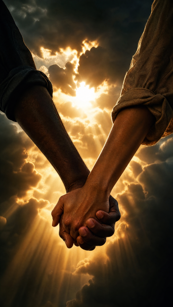 Phone wallpaper of two hands holding against a dramatic sky, sunlight breaking through clouds and casting golden rays around the clasped hands.