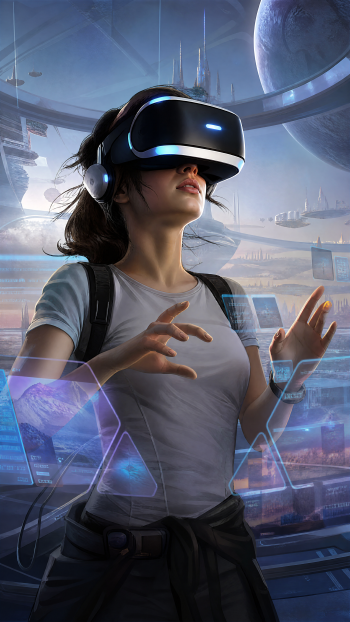 iPhone wallpaper of a woman in a VR headset reaching toward holographic virtual interfaces in a futuristic technology cityscape.
