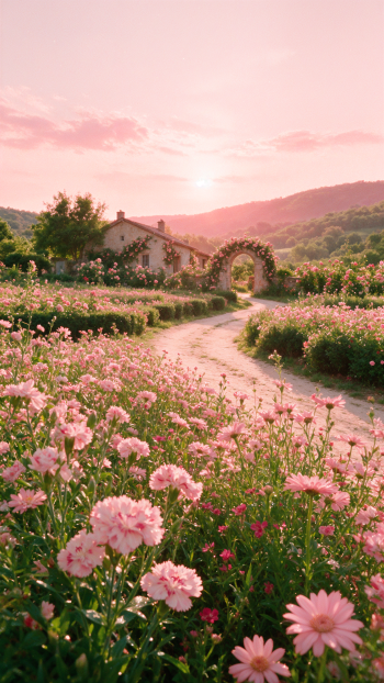 Light pink flowers fill a garden beside a winding path to a cottage and arched gate, bathed in soft sunset light — vertical iPhone wallpaper.