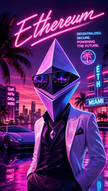 Neon Miami phone wallpaper of an Ethereum crystal‑head in a suit and sunglasses, retro car and skyline, glowing Ethereum signage and cryptocurrency motifs.