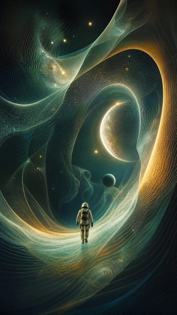 iPhone wallpaper of an astronaut walking through swirling cosmic ribbons toward a glowing planet, a space travel scene capturing the vastness of space and silent planetary exploration.