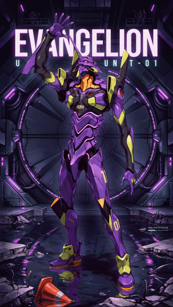 Phone wallpaper: Neon Genesis Evangelion anime mecha Unit-01 standing in a dark hangar, purple-green EVA raising an arm beneath bold EVANGELION title.