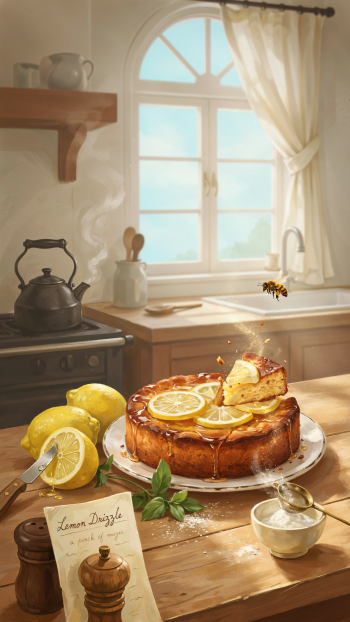 iPhone wallpaper of a lemon drizzle cake on a sunlit kitchen counter — sliced lemons, glossy glaze, utensils, recipe note and a steaming kettle.