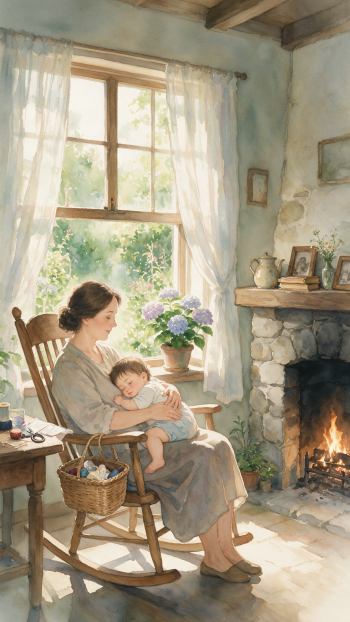 iPhone wallpaper showing a sunlit, cozy scene of a mom cradling her sleeping baby in a rocking chair beside a stone fireplace.