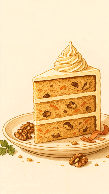 iPhone wallpaper showing an illustrated three-layer carrot cake slice with cream frosting, walnut pieces and carrot shreds on a plate against a warm beige background.