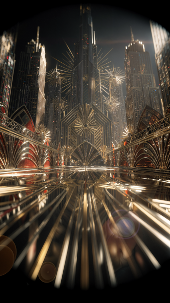 Art deco night cityscape of towering skyscrapers and golden fireworks, ornate geometric facades and mirrored reflections — vertical iPhone wallpaper.