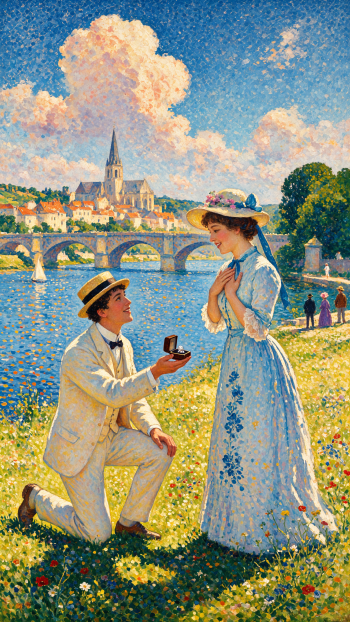 iPhone wallpaper: romantic proposal — a couple in vintage attire by a sunlit river; a man kneels with a ring as the woman clasps her hands, with a bridge and church in the background.