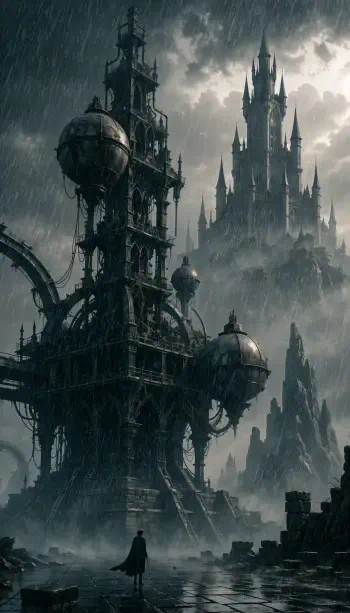 Gothic fortress and spired castle loom through rain and mist, mechanical towers and a lone cloaked figure in the wet foreground — dark iPhone wallpaper.