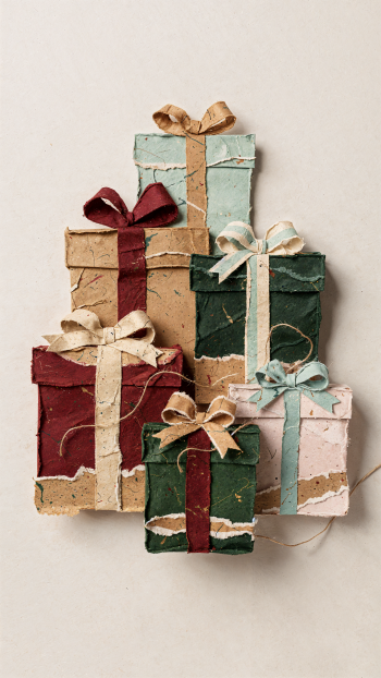 iPhone wallpaper showing stacked gift boxes and presents wrapped in textured paper and ribbons — pastel greens, reds and creams forming a vertical collage.