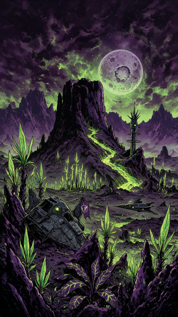 iPhone wallpaper of a sci-fi alien planet: a volcanic mesa with glowing green lava, bioluminescent plants, jagged mountains, a crashed ship and a cratered moon under stormy skies.