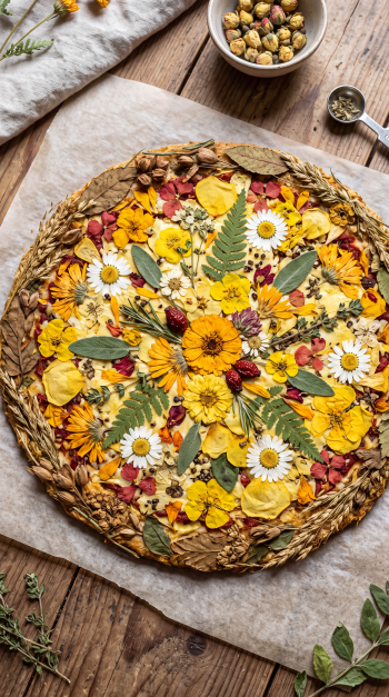 iPhone wallpaper of a floral pizza topped with yellow and white edible flowers, herbs and seeds arranged in a rustic wreath on parchment over a wooden table.