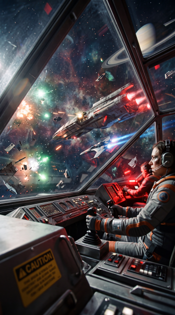 Cockpit view of an astronaut piloting a spaceship amid a furious space battle—enemy ships, explosions and a ringed planet outside. Vertical iPhone wallpaper.