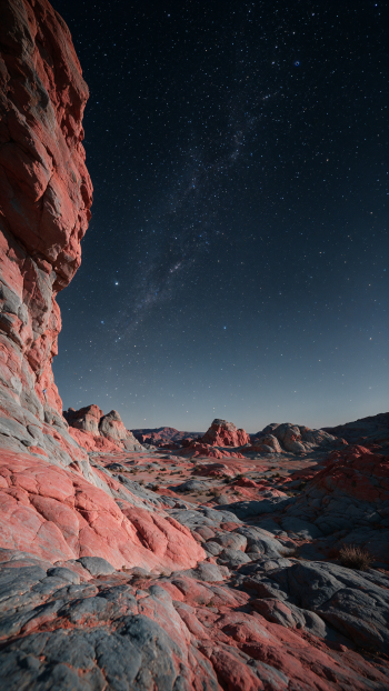 Vertical iPhone wallpaper of a desert with red rock formations beneath a vast night sky, stars and the Milky Way arcing overhead, evoking quiet star gazing.