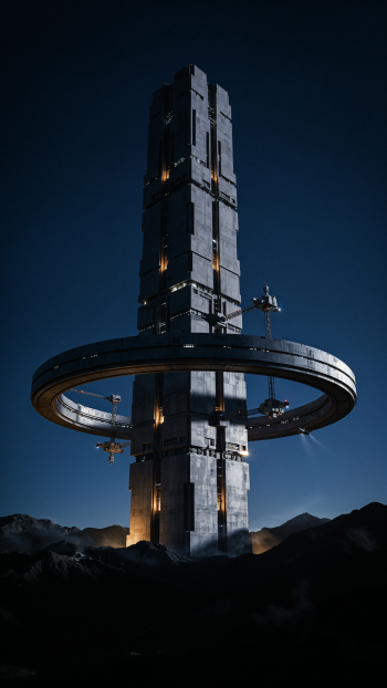 Vertical phone wallpaper of a towering science-fiction megastructure: a ringed space station encircling a monolithic tower above a rocky alien landscape at night.