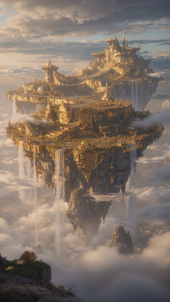 Phone wallpaper of majestic floating islands — layered flying isles crowned with castles, waterfalls spilling into a sea of clouds.
