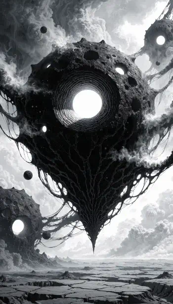 Black aesthetic abstract surreal alien space iPhone wallpaper: floating perforated cone-like celestial structure with glowing cores, tendrils, and a cracked barren landscape below.