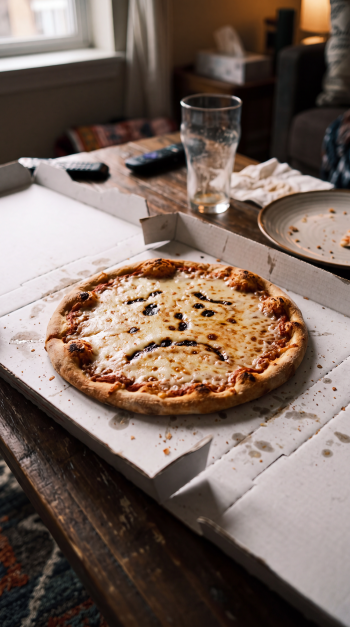 iPhone wallpaper showing a cheese pizza in an open pizza box on a coffee table, with a glass, remotes and an empty plate in a cozy living room.