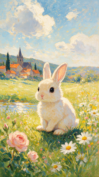 Cute fluffy white rabbit sitting among wildflowers in a sunlit meadow with a village and church spire in the distance — vertical iPhone wallpaper.