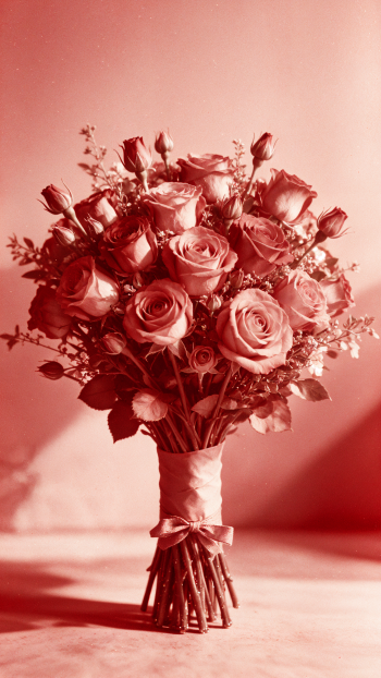 iPhone wallpaper of a rose bouquet: blooming roses and buds with tied stems and delicate filler flowers in warm red tones against a soft, blurred background.
