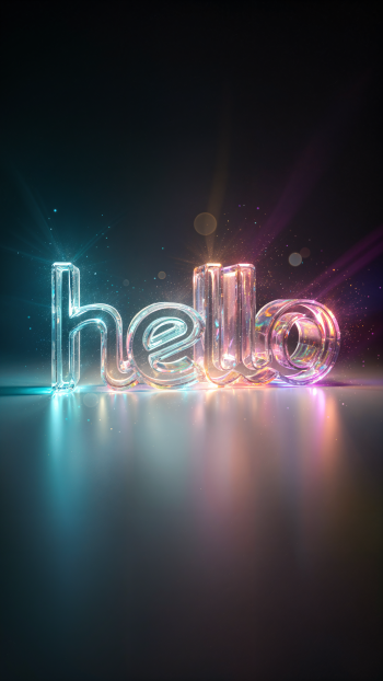 Phone/iPhone wallpaper of 3D neon hello typography in teal and pink glow, reflected on a dark glossy surface.