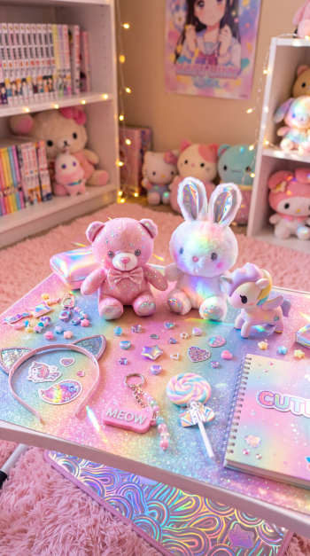Cutecore iPhone wallpaper: pastel glitter desk with plush pink teddy, glowing bunny, tiny unicorn, cat-ear headset, lollipops, notebook and cozy kawaii plush-filled room.