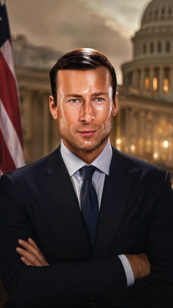 Phone wallpaper of the John Politics meme: polished portrait of a confident suited man with folded arms, US flag and Capitol dome in the background.