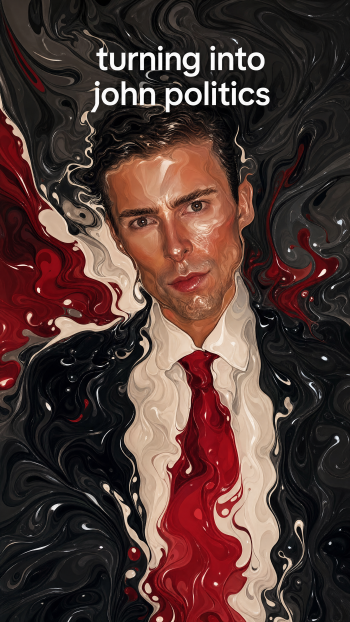 iPhone wallpaper meme: swirling oil-paint portrait of a man in a suit and red tie with white caption turning into john politics.