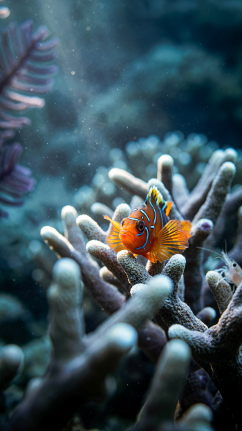 Underwater photography: vivid orange clownfish nestled in branching coral, vertical composition for phone/iPhone wallpaper.