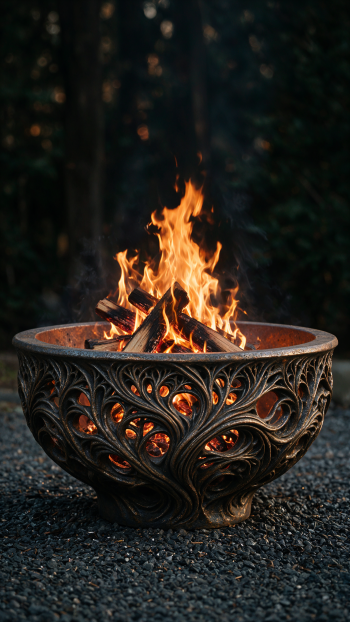 iPhone wallpaper of an ornate metal fire pit with roaring flames glowing against a dark, blurred forest background.