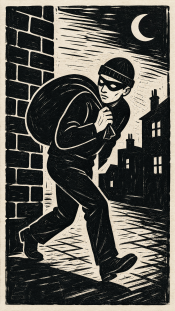 iPhone wallpaper — black-and-white woodcut of a thief/burglar slipping through a moonlit night with a sack, silhouetted rooftops and a crescent moon.