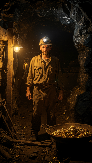Phone wallpaper: a gold miner in a dark mine with a headlamp, standing by a pan of glittering gold nuggets under warm lamp light.