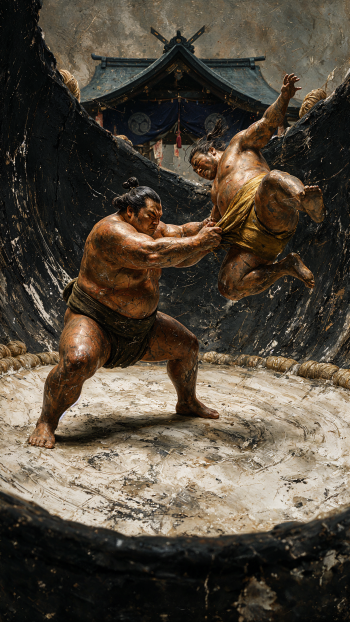iPhone wallpaper of two sumo wrestlers mid-bout in a weathered clay ring beneath a shrine, one hoisting the other — dynamic sumo wrestling and wrestling action.