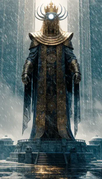 iPhone wallpaper of a towering deity statue in ornate royal armor and crown, a glowing central eye, standing on a rain‑slicked ceremonial pedestal.