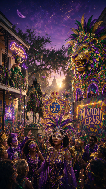 iPhone wallpaper of a Mardi Gras parade: masked revelers, jeweled lion float, Bourbon Street balconies and Krewe of Rex sign at purple dusk.