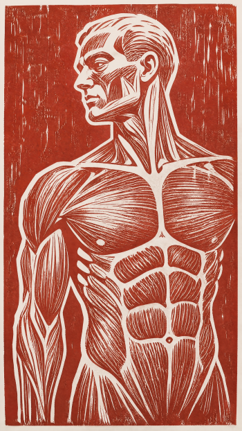 Stylized linocut male torso anatomy showing detailed neck, chest and abdominal muscles in white on red, rendered as a phone/iPhone wallpaper.