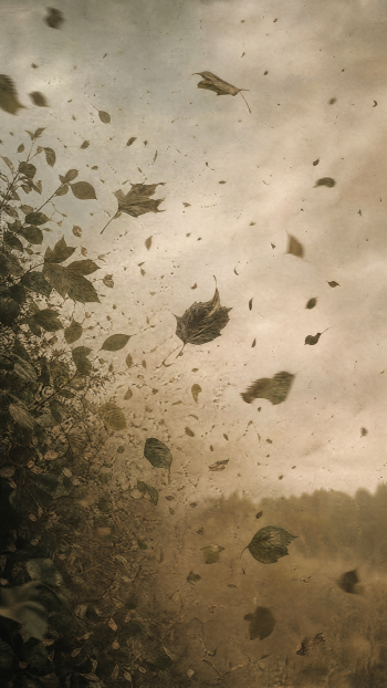 Phone/iPhone wallpaper showing swirling foliage and leaves whipped by storm winds beneath a dusty, overcast sky.