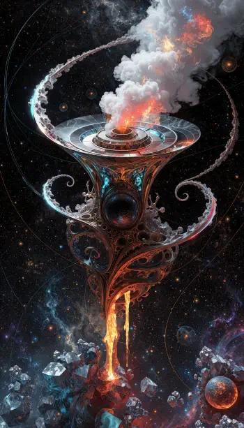 Abstract space-opera iPhone wallpaper: ornate spiraling cosmic tower vents smoke and fire, molten lava pouring onto floating asteroids amid stars and swirling nebulae.
