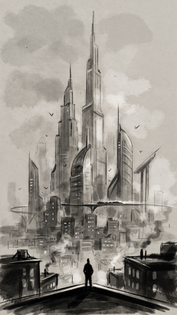 iPhone wallpaper of a monochrome futuristic cityscape: towering skyscrapers and sweeping skyline looming over a silhouetted figure on a rooftop.