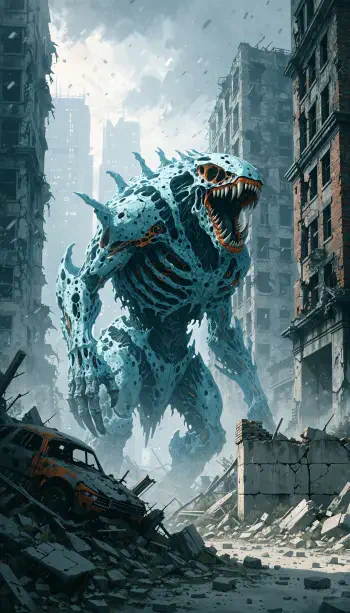iPhone wallpaper of a towering blue spiky monster roaring down a ruined city street, jaws agape amid crumbling skyscrapers, smashed cars, and scattered debris