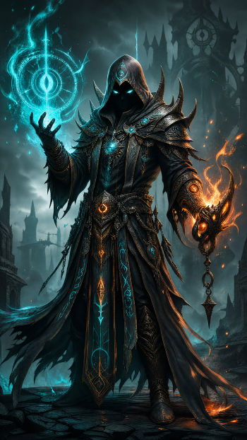 iPhone wallpaper of a hooded warlock/mage wizard casting blue and orange arcane flames, clad in dark armored robes with glowing eyes against a ruined gothic cityscape background.