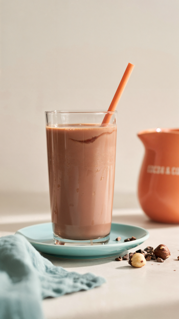 iPhone wallpaper: glass of chocolate milkshake with an orange straw on a blue saucer, hazelnuts and an orange pitcher on a soft neutral backdrop.